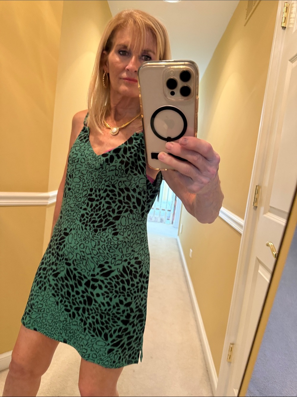 White House Black Market Green and Black Animal-Print Mini Slip Dress